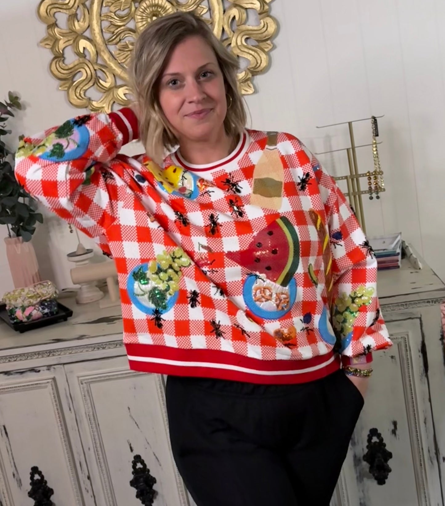 Queen of Sparkles Red & White Checkered Picnic Sweatshirt