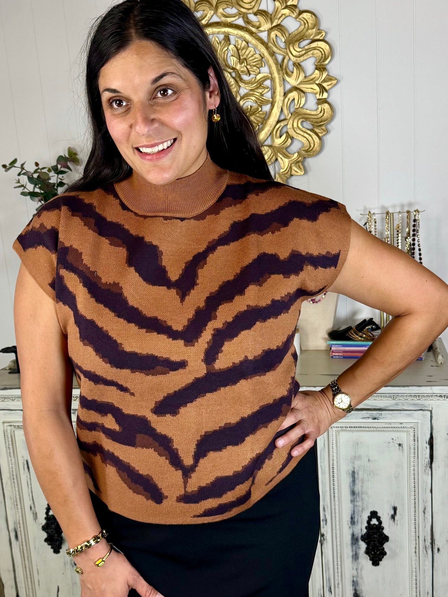 Animal Pattern Short Sleeve Mock Neck