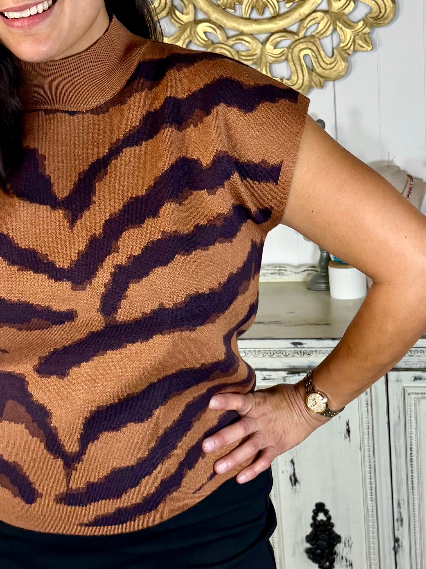 Animal Pattern Short Sleeve Mock Neck