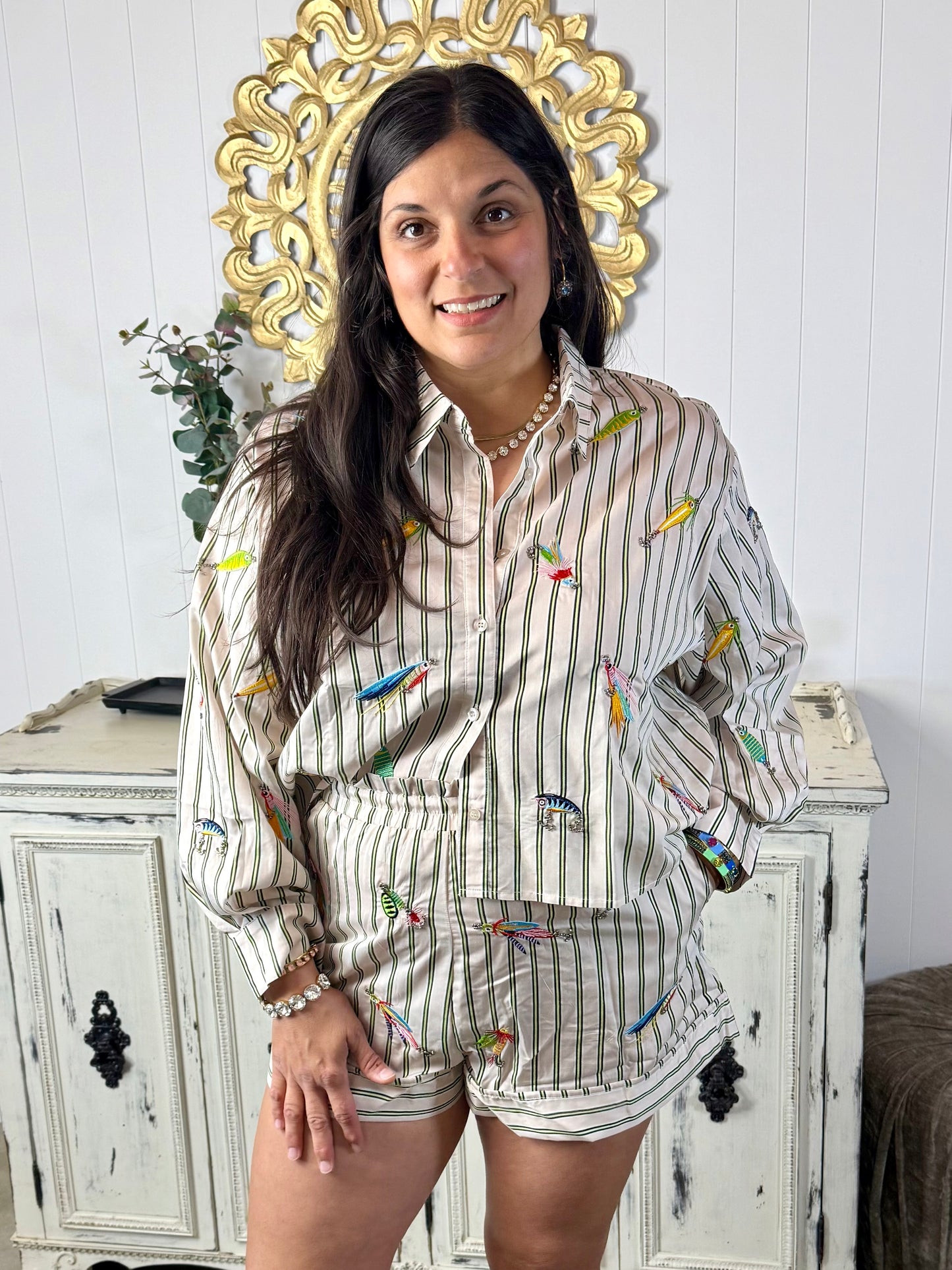 Queen of Sparkles Striped Fishing Lure Button Up Cotton Top
