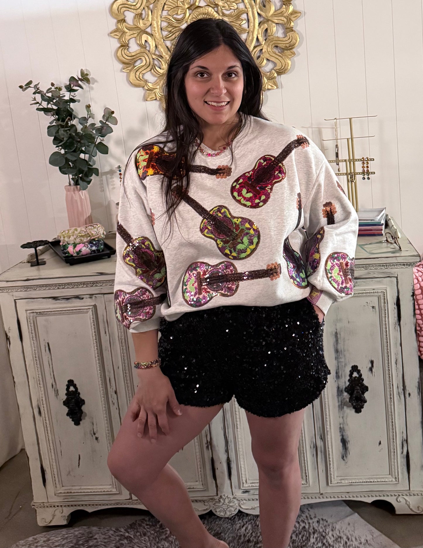 Queen of Sparkles Grey Multi Guitars Sweatshirt