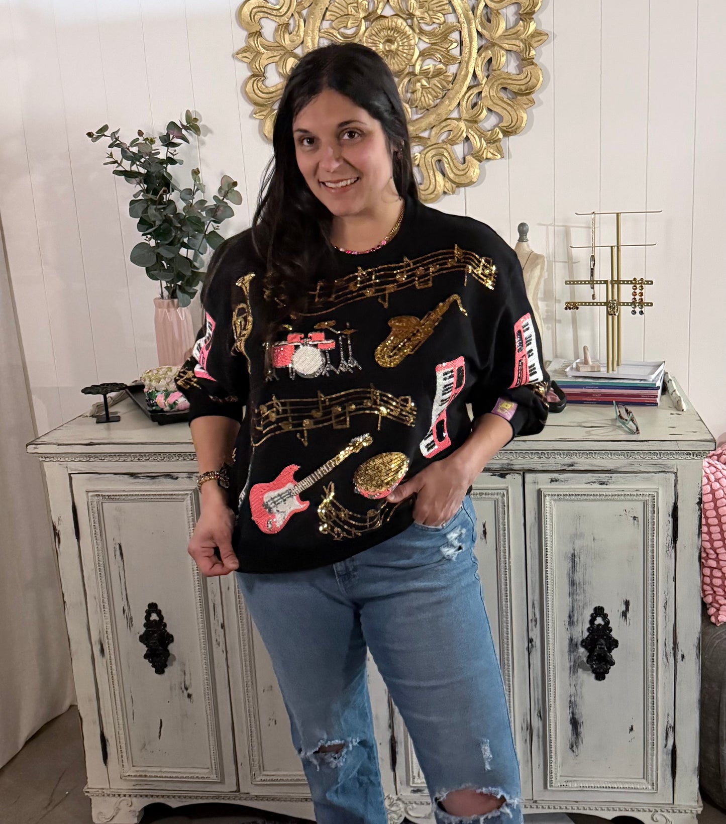Queen of Sparkles Black Music Note & Instrument Sweatshirt