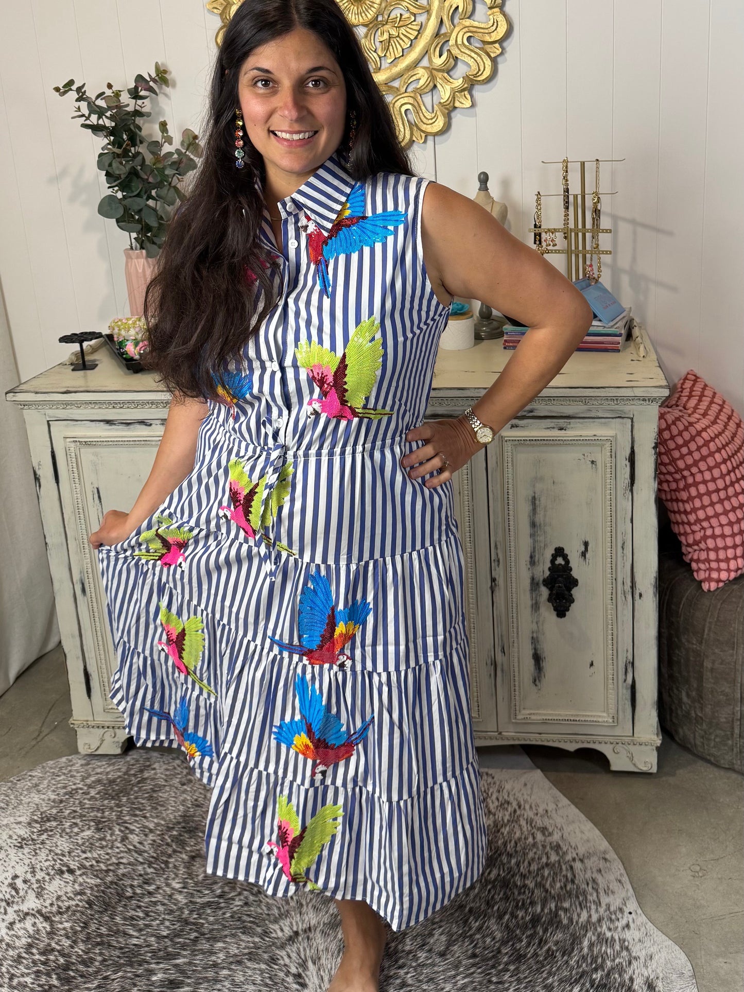 Queen of Sparkles Navy & White Parrot Tie Midi Dress