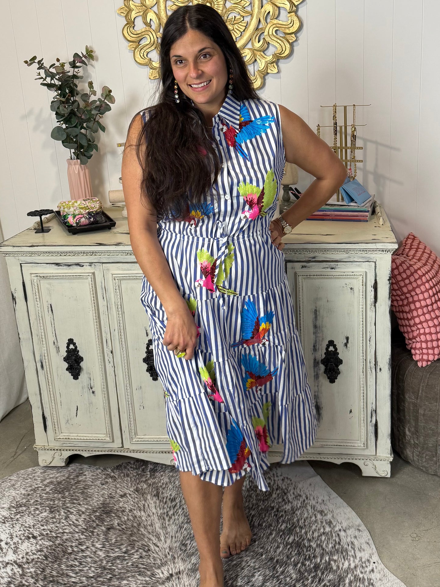 Queen of Sparkles Navy & White Parrot Tie Midi Dress