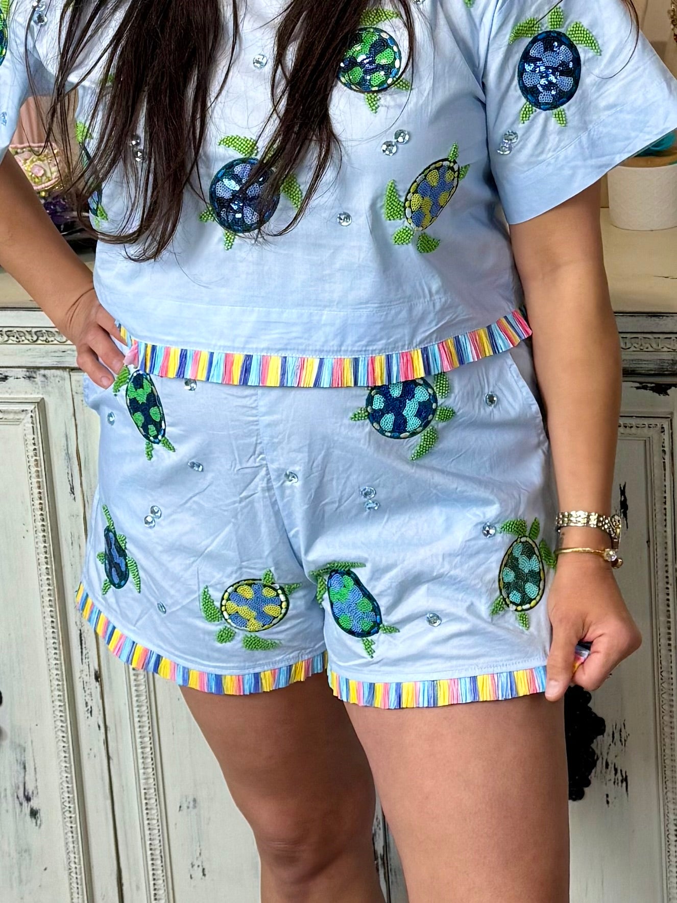 Queen of Sparkles Light Blue Turtle Fringe Short