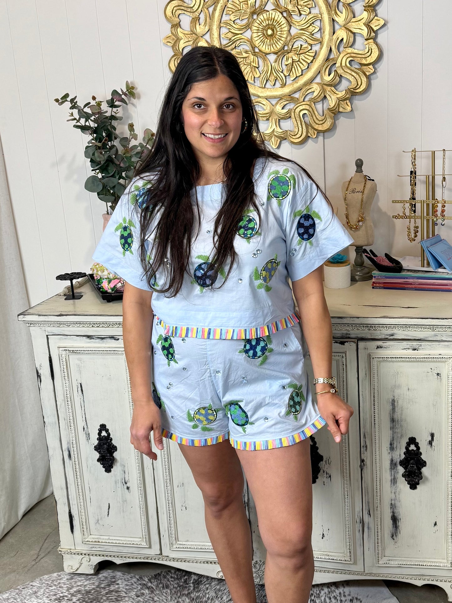 Queen of Sparkles Light Blue Turtle Fringe Top