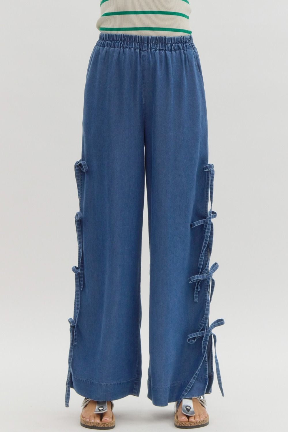 Wide Leg Denim Slit Hem Pants with Bow Detail