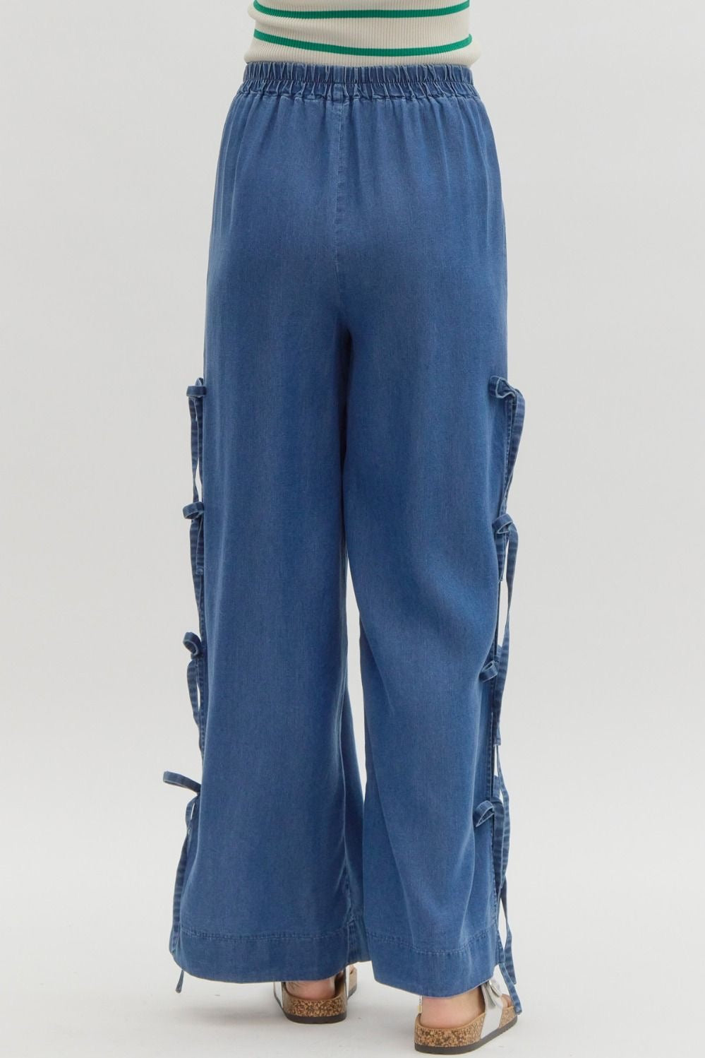 Wide Leg Denim Slit Hem Pants with Bow Detail