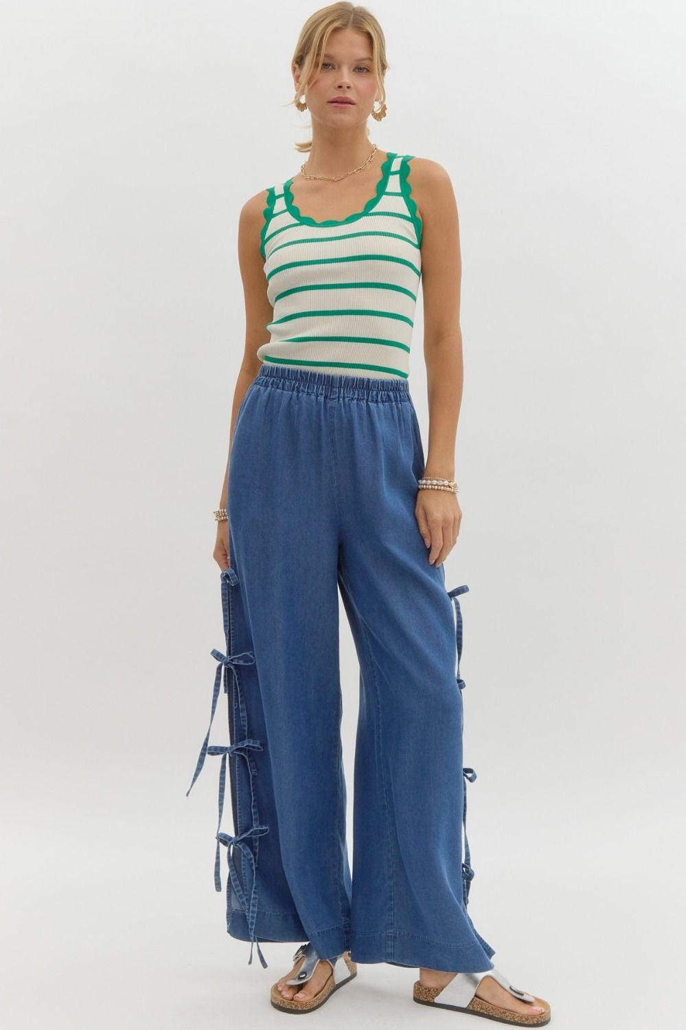 Wide Leg Denim Slit Hem Pants with Bow Detail