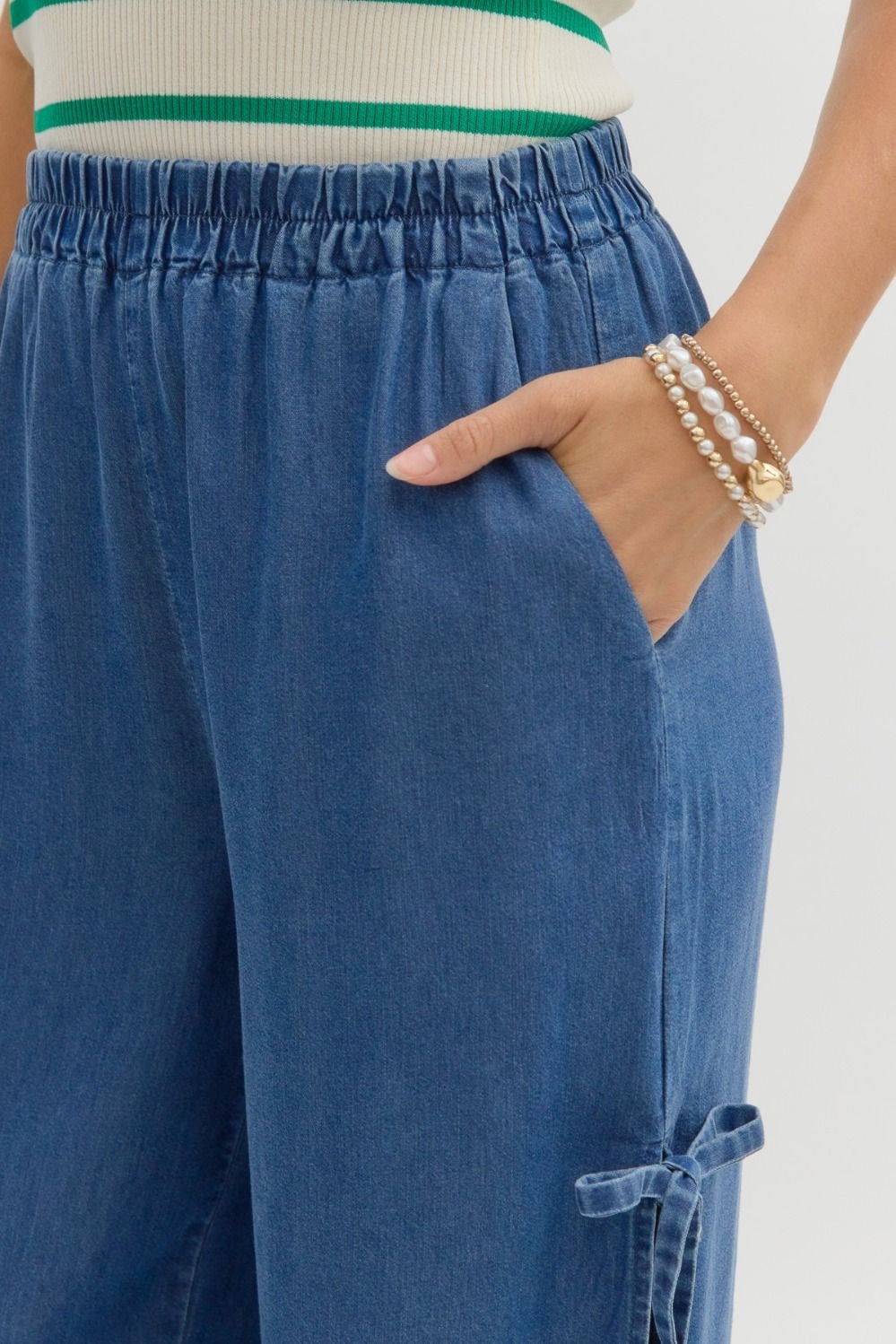 Wide Leg Denim Slit Hem Pants with Bow Detail