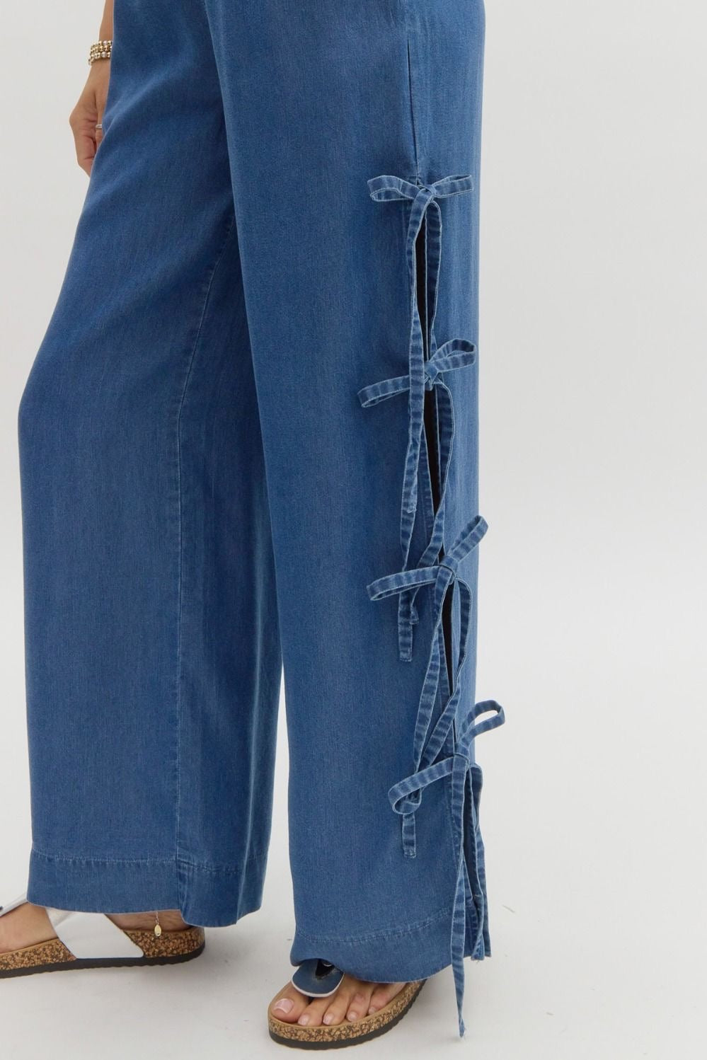 Wide Leg Denim Slit Hem Pants with Bow Detail