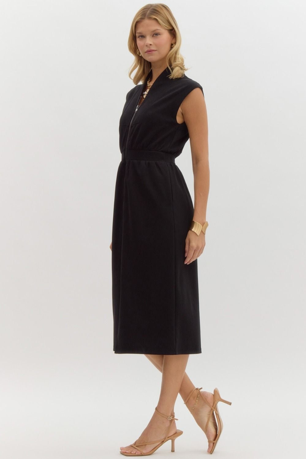 Black Sleeveless Zip Up Midi Dress
