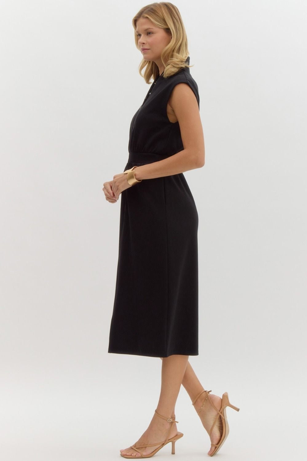 Black Sleeveless Zip Up Midi Dress