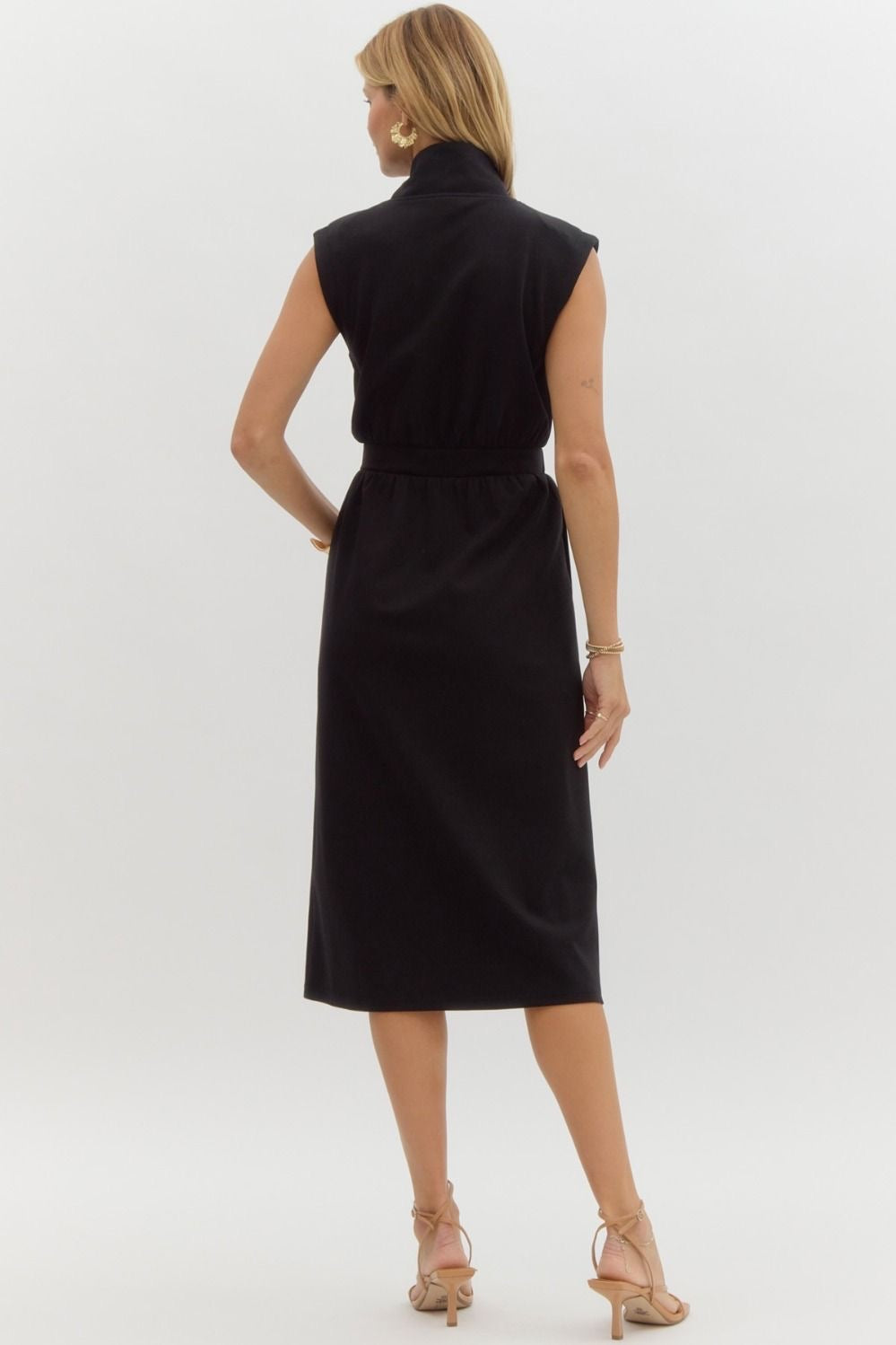 Black Sleeveless Zip Up Midi Dress