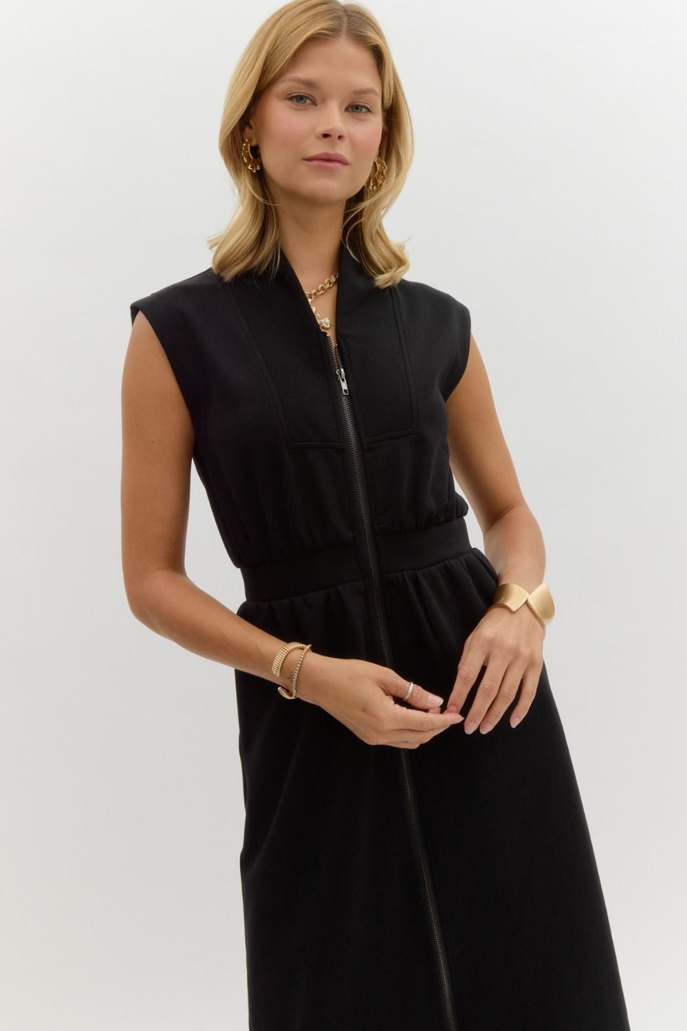 Black Sleeveless Zip Up Midi Dress