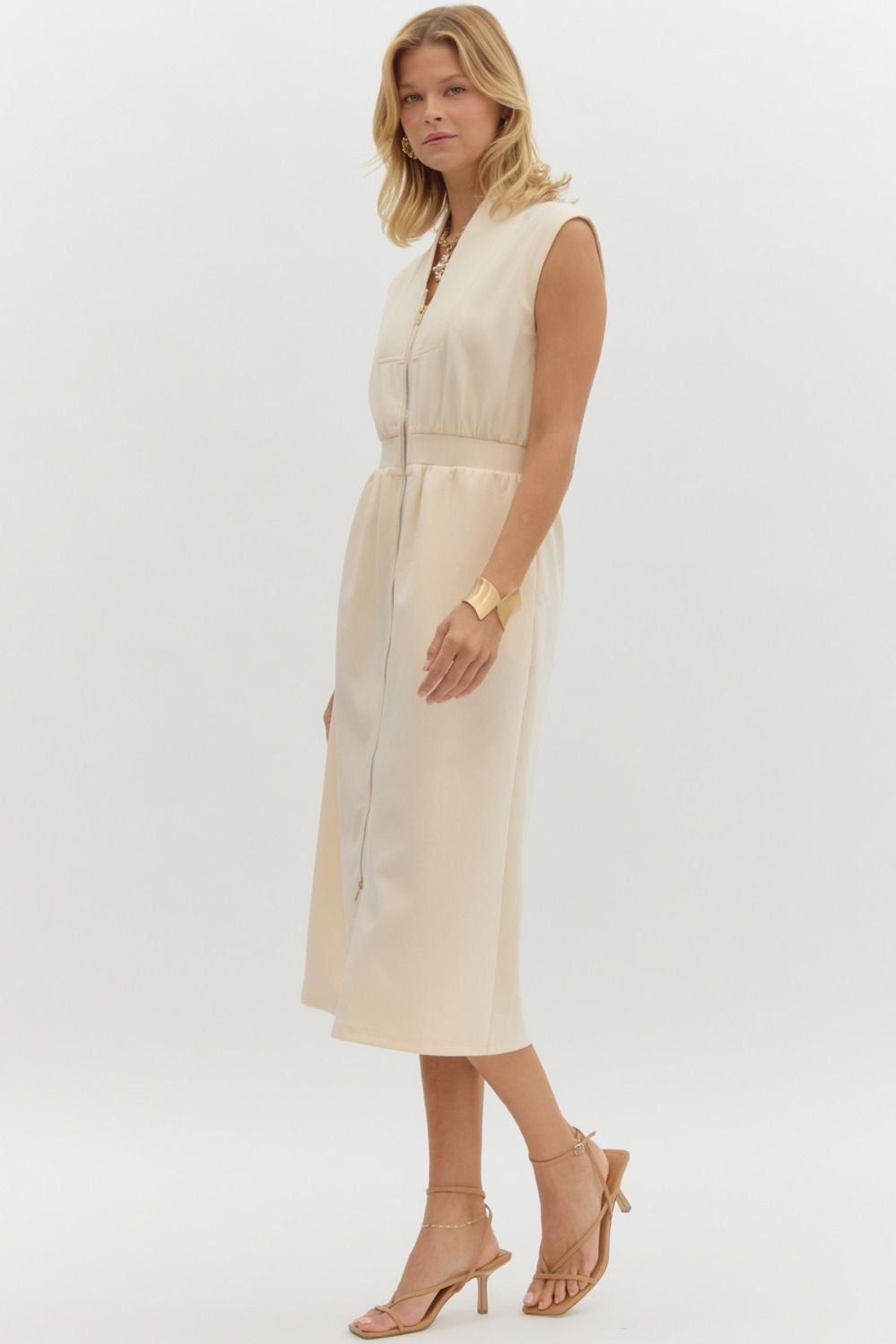 Cream Sleeveless Zip Up Midi Dress