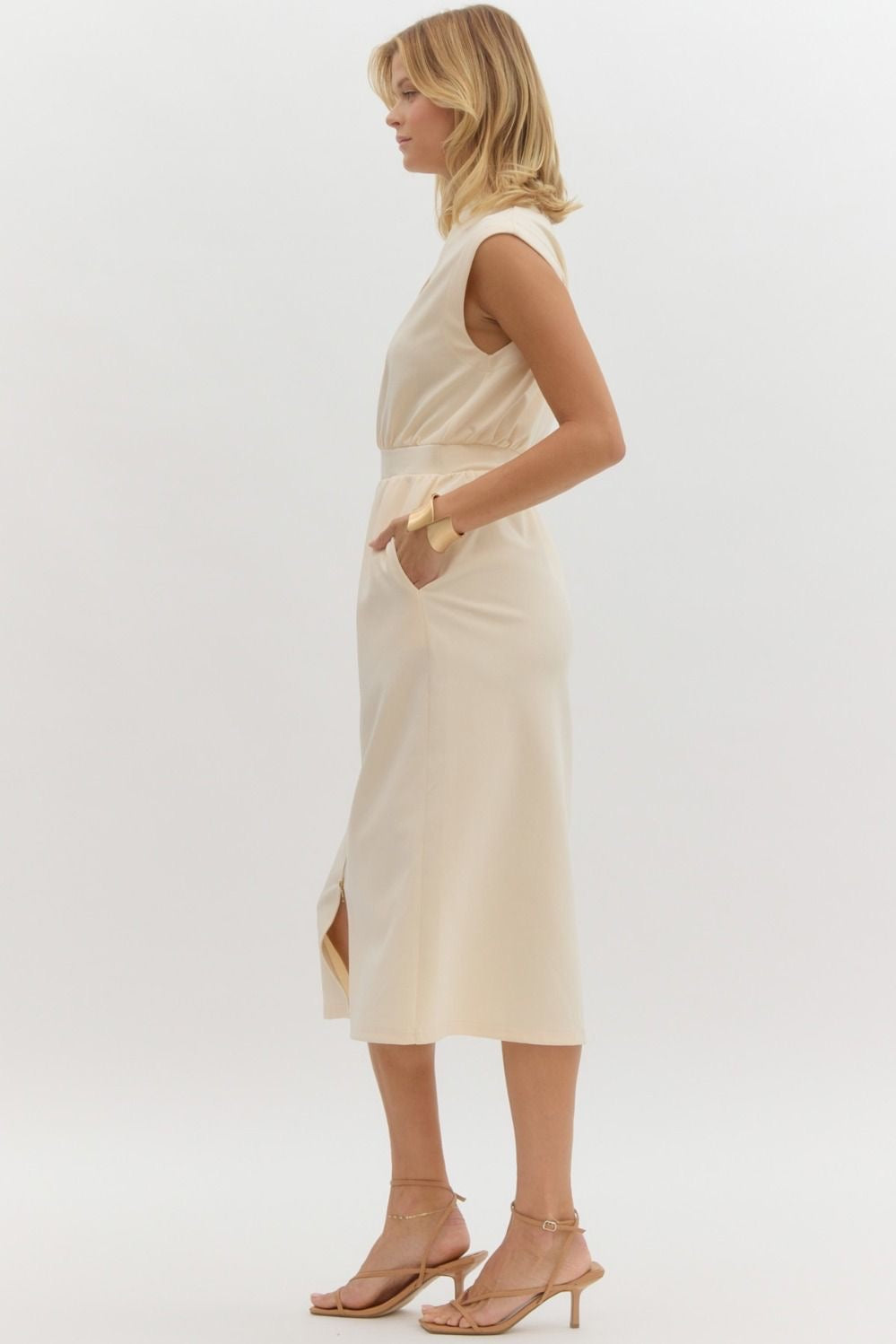 Cream Sleeveless Zip Up Midi Dress