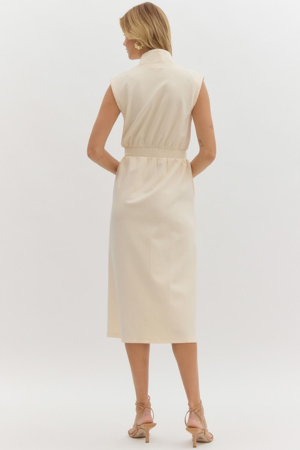 Cream Sleeveless Zip Up Midi Dress