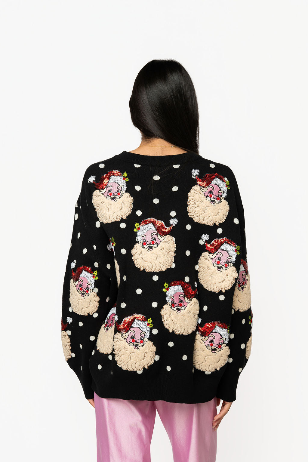 Queen of Sparkles Black & White Polka Dot Santa Head Sweater