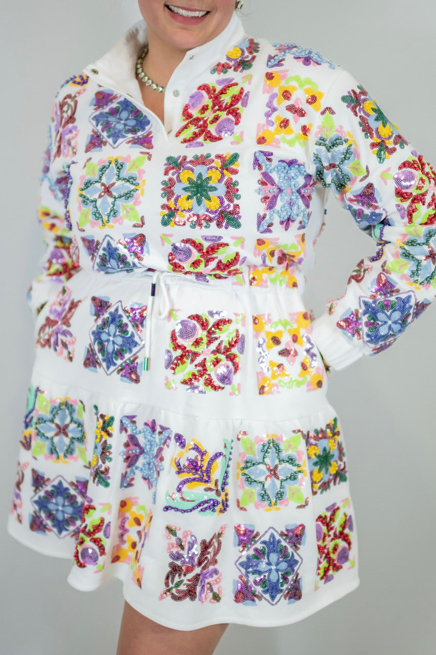 Queen of Sparkles White & Rainbow Italian Tile Sweatshirt Dress