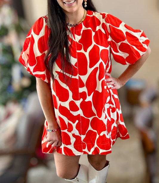 Abstract Print Two Tone Red Dress