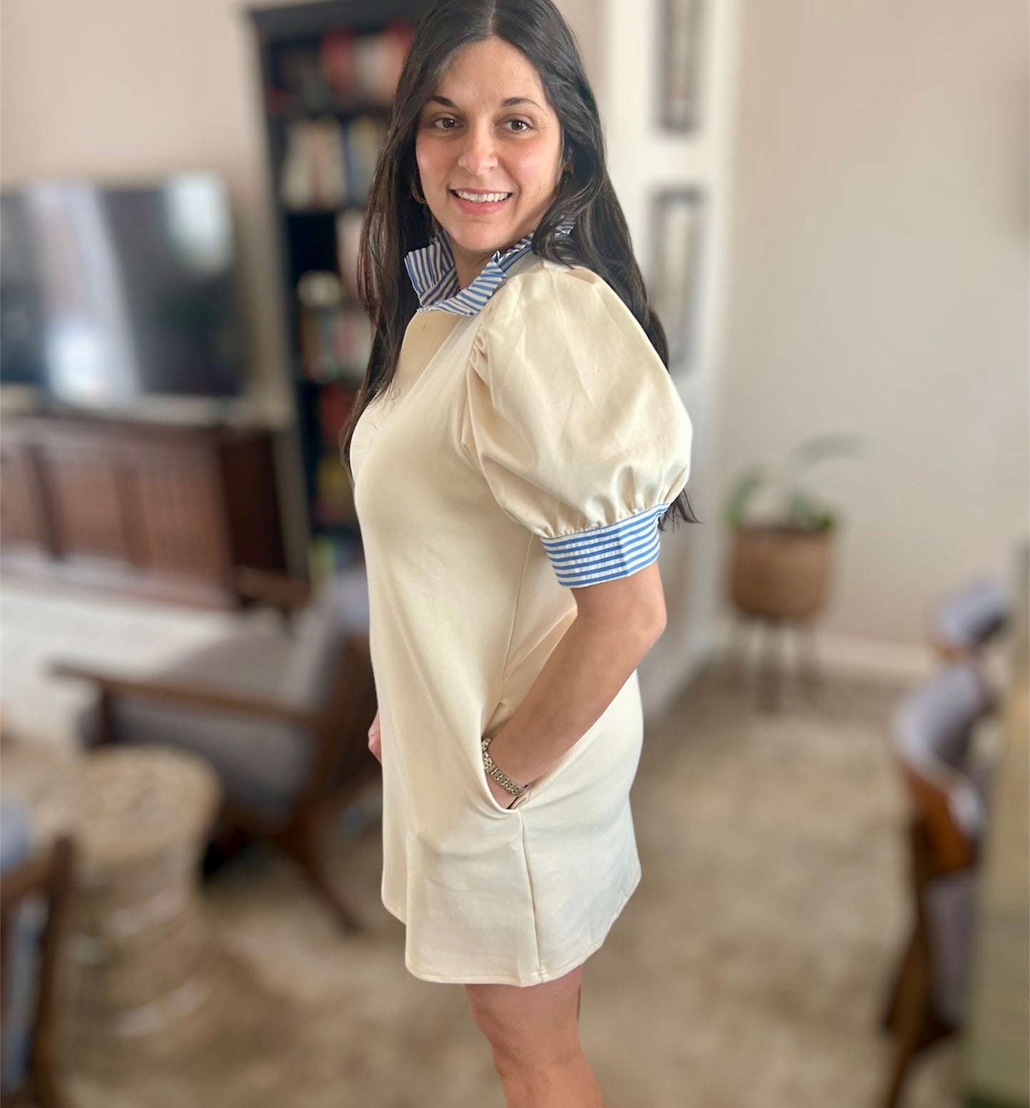 Cream and Stripe Ruffle Collared Dress