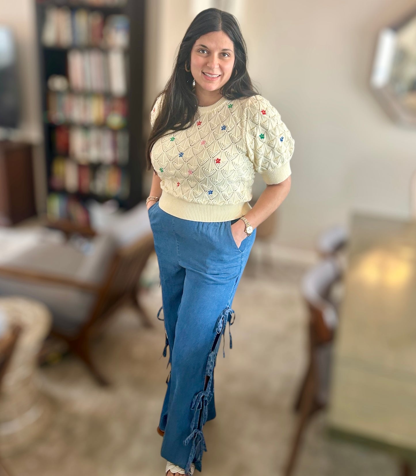 Diamond Pattern Pointelle Sweater