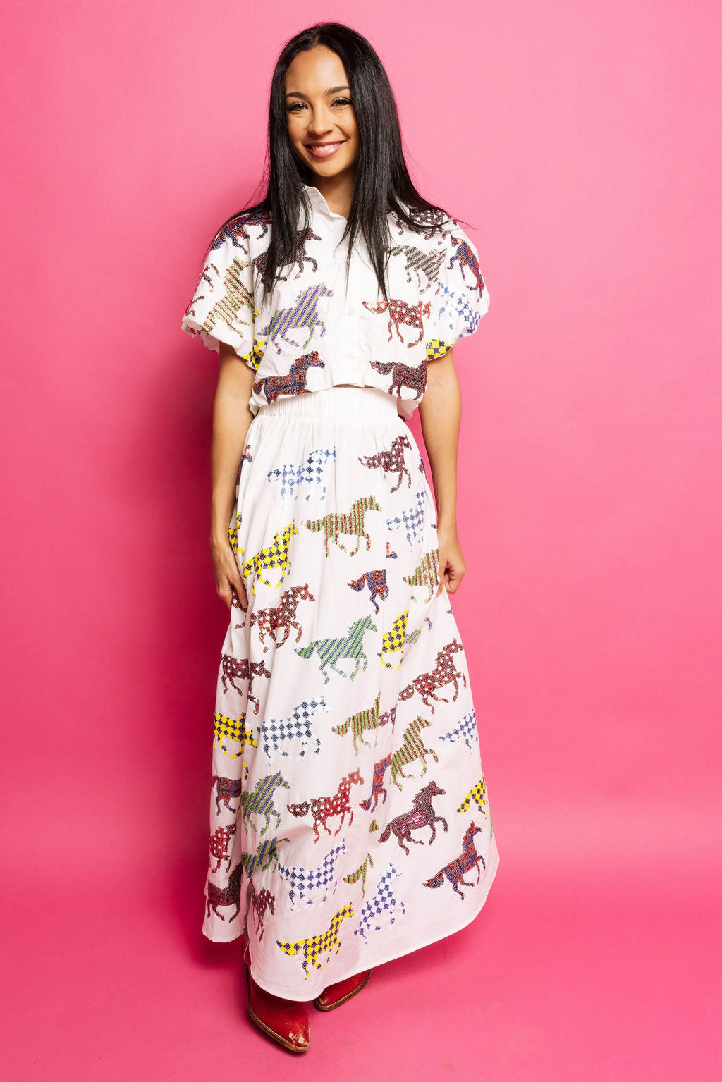 Queen of Sparkles White Multi Horse Bubble Top