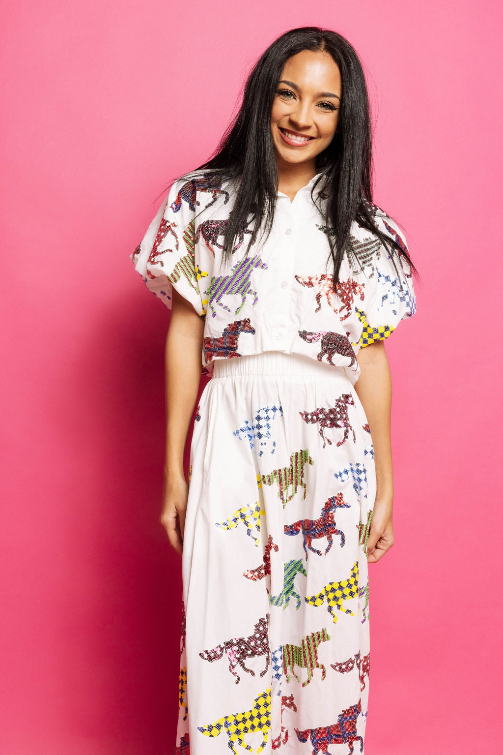 Queen of Sparkles White Multi Horse Bubble Top