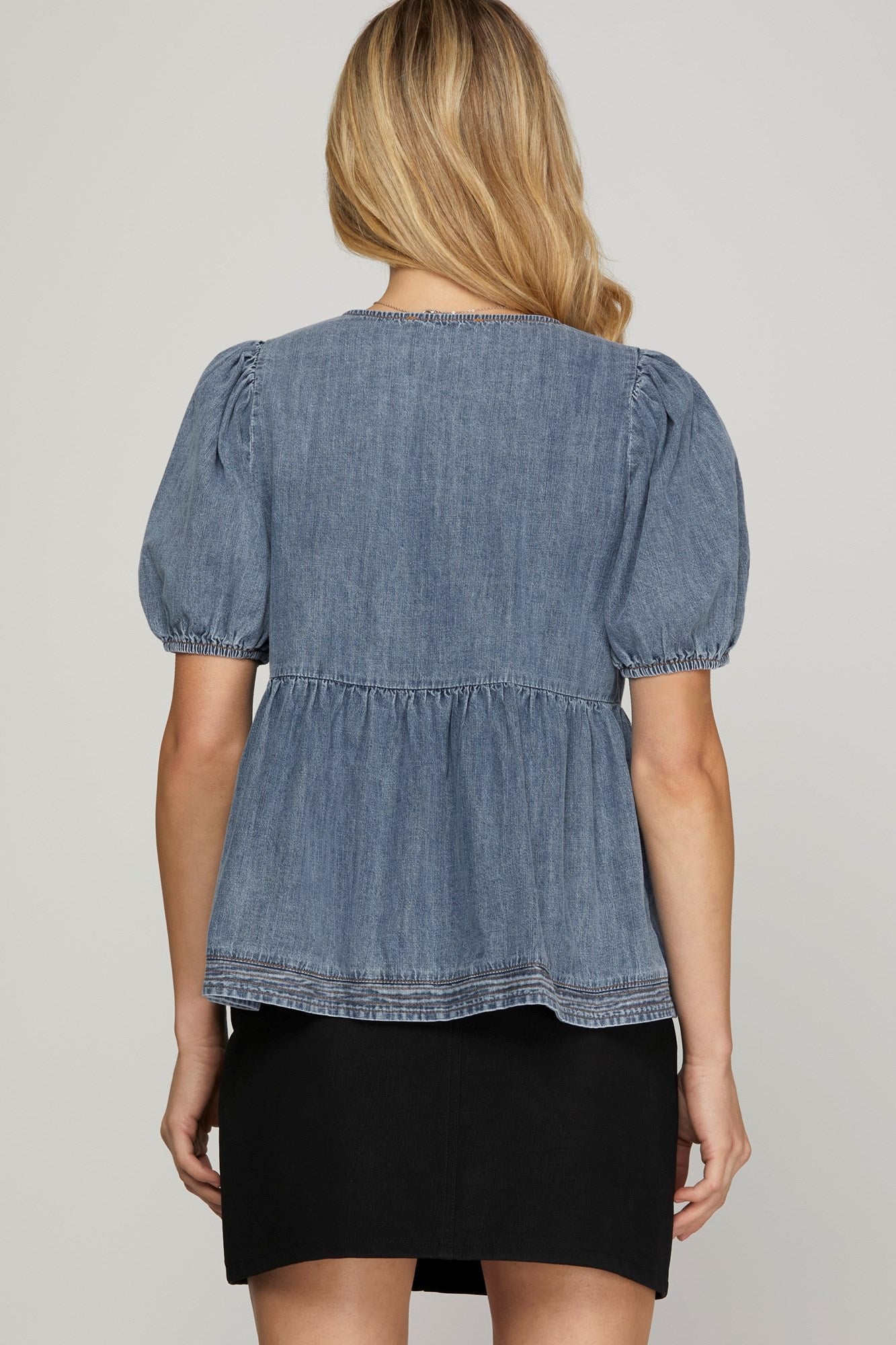 Short Puff Sleeve Denim Blouse with Front Bow Tie