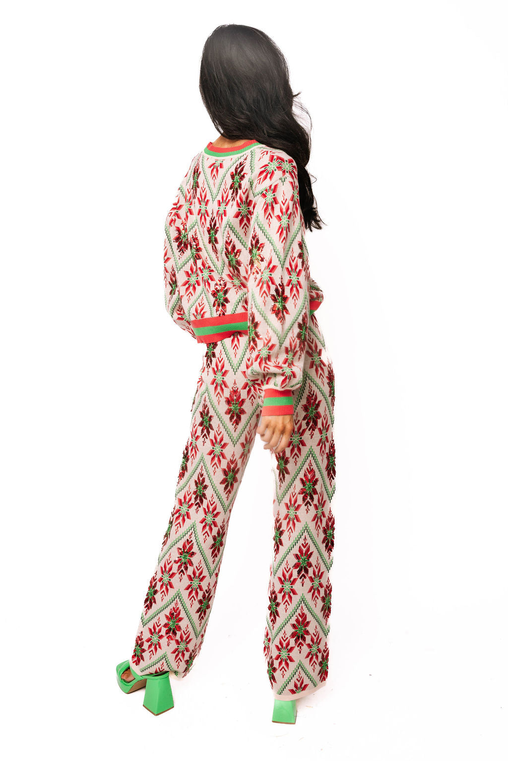 Queen of Sparkles Beige, Green & Red Flower Print Christmas Cardigan