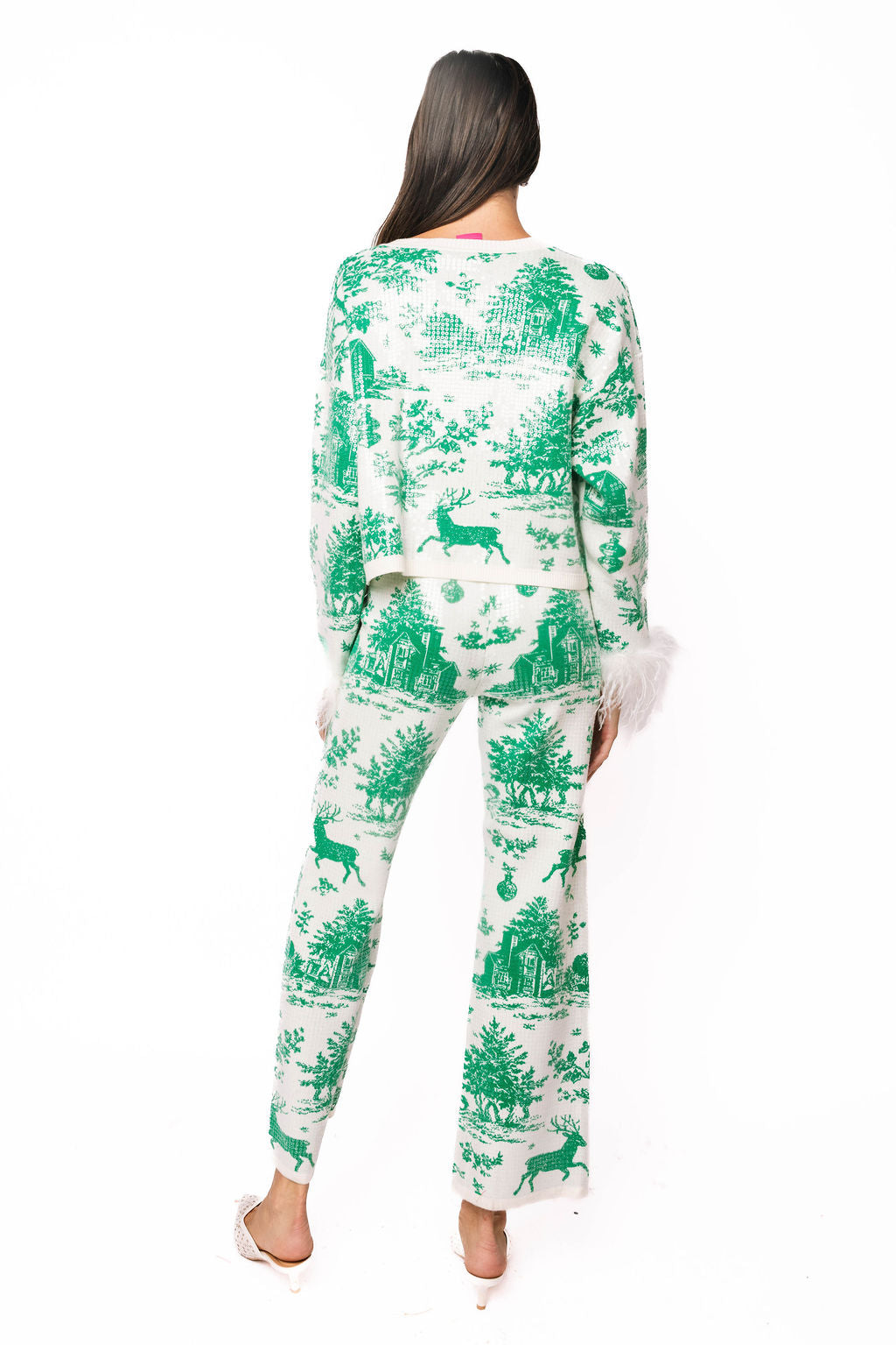 Queen of Sparkles Green & White Christmas Twall Feather Sleeve Sweater