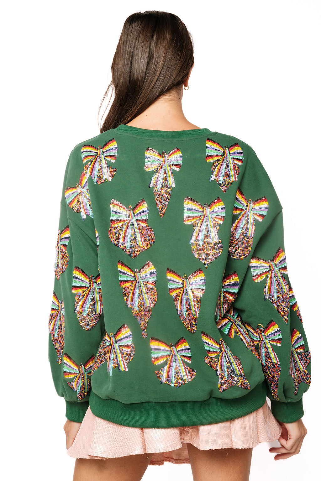 Queen of Sparkles Dark Green Multi Rainbow Beaded Ornament Sweatshirt