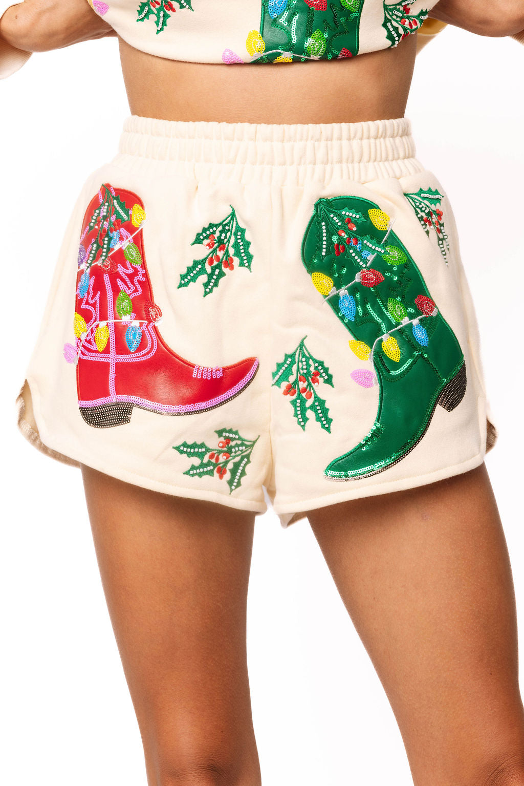 Queen of Sparkles Beige Multi Christmas Cowboy Boots Short