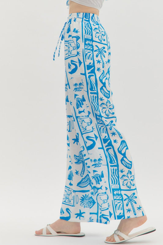 Blue Resort Pattern Pull On Pants