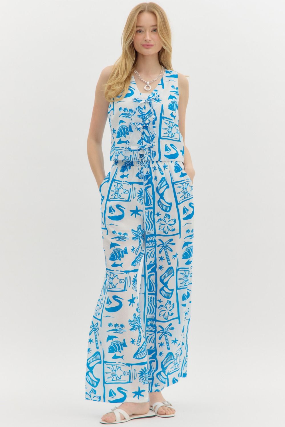 Blue Resort Pattern Pull On Pants