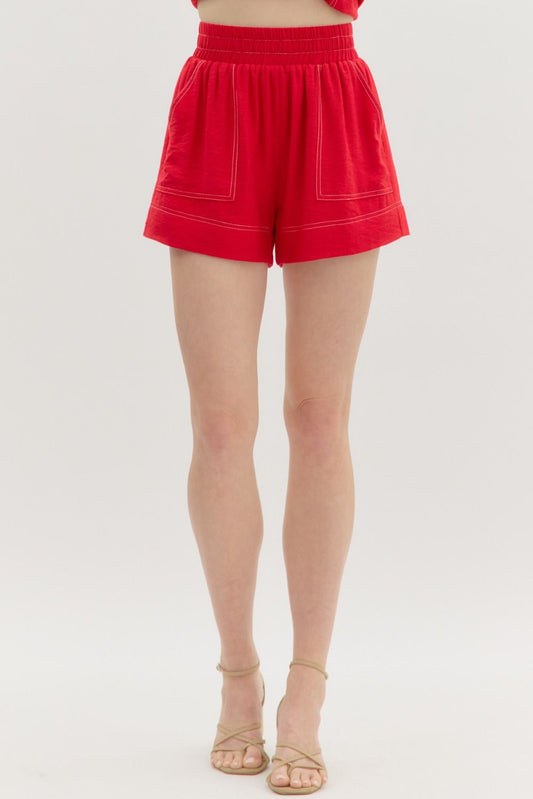 Solid Red High Waist Pull on Shorts