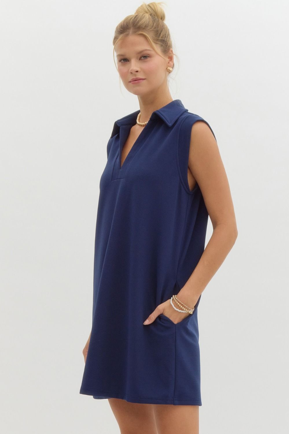 Textured Solid Navy V Neck Dress