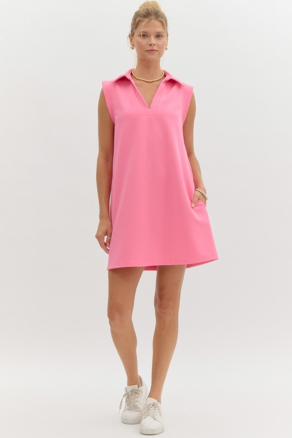Textured Solid Pink V Neck Dress