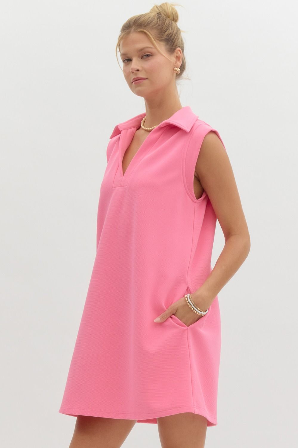 Textured Solid Pink V Neck Dress
