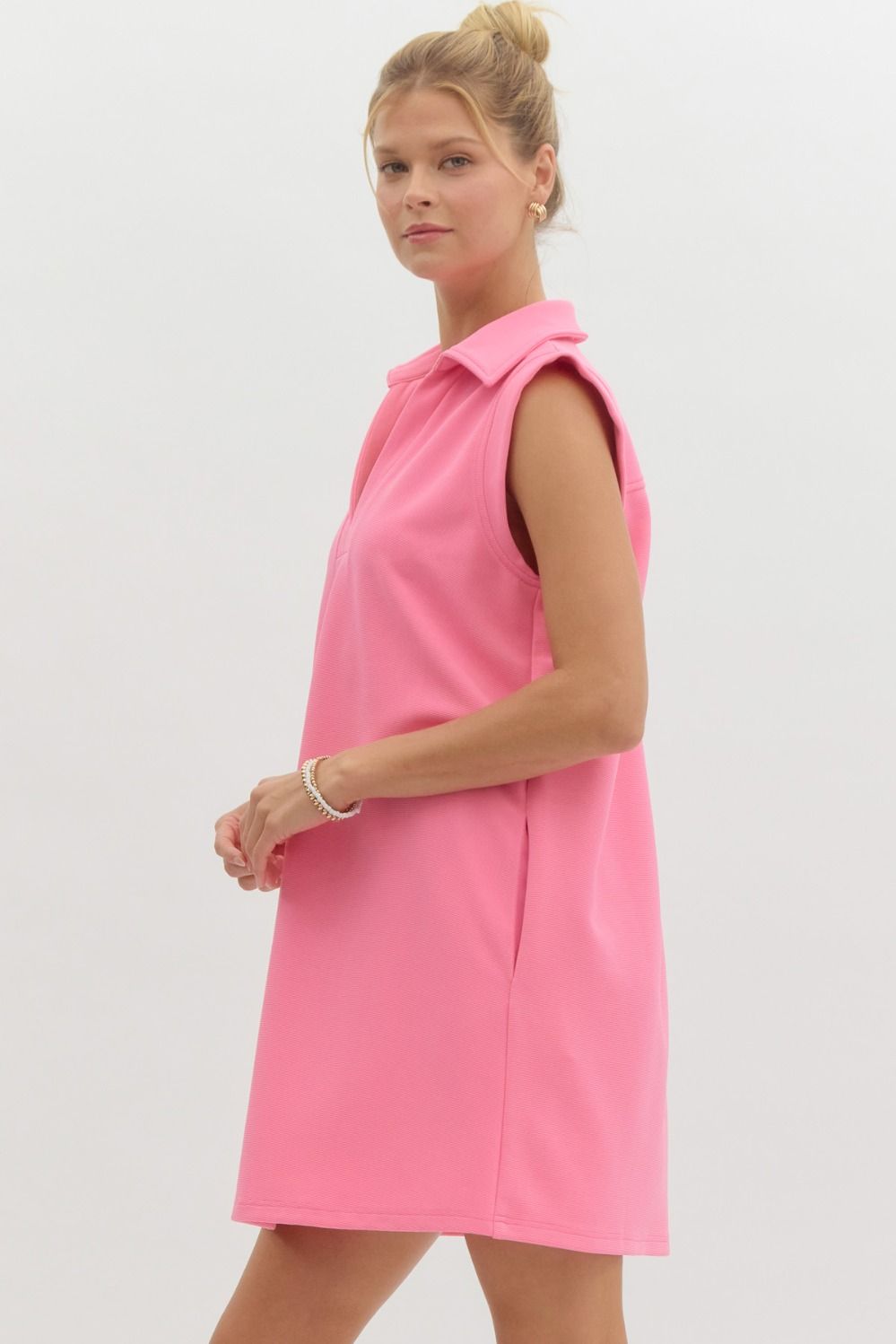 Textured Solid Pink V Neck Dress