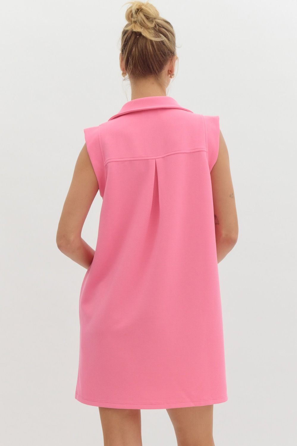 Textured Solid Pink V Neck Dress