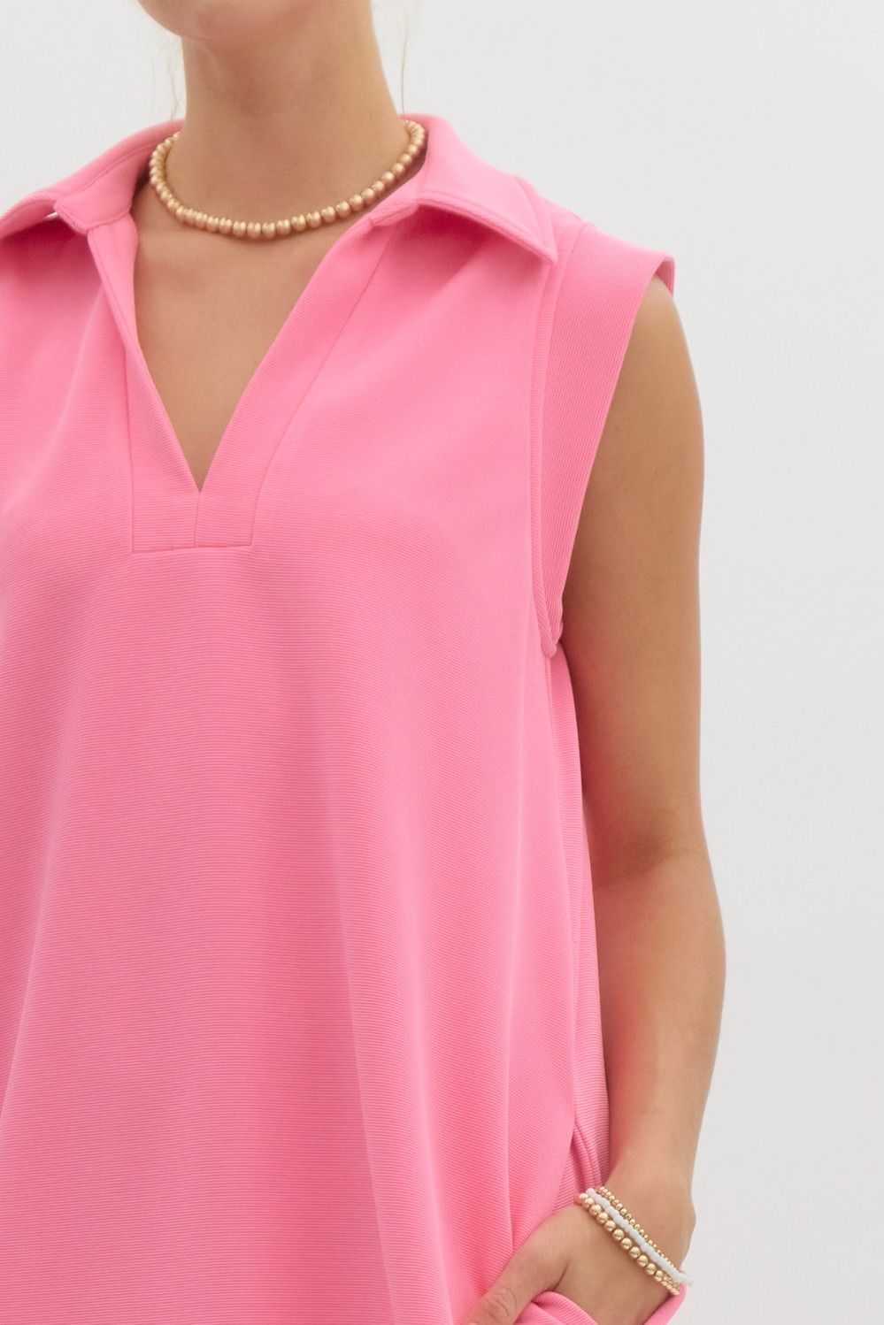 Textured Solid Pink V Neck Dress