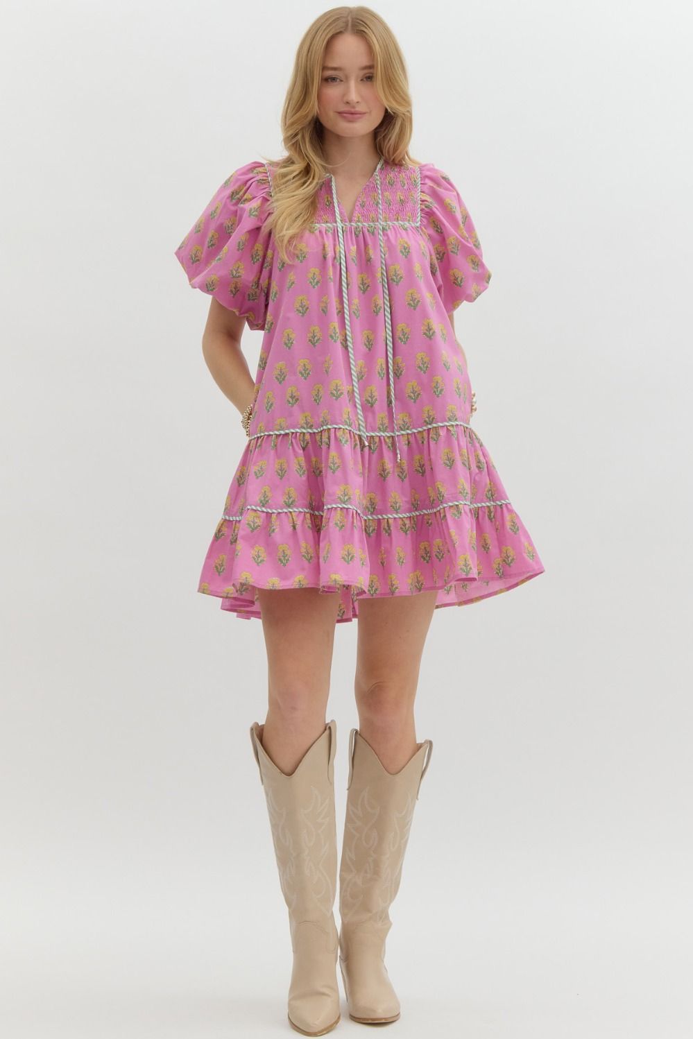 Floral Print Split Neck Dress