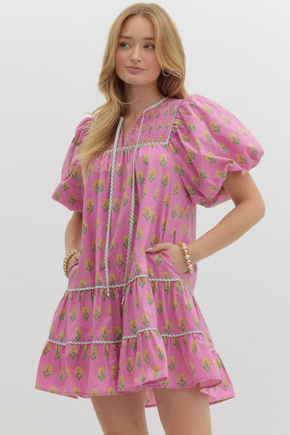 Floral Print Split Neck Dress