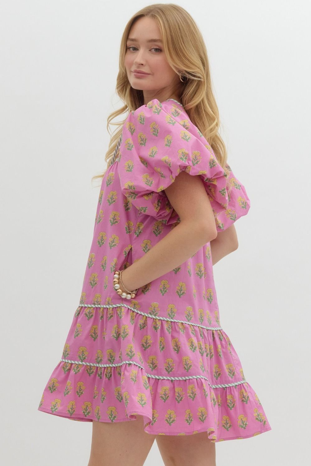 Floral Print Split Neck Dress