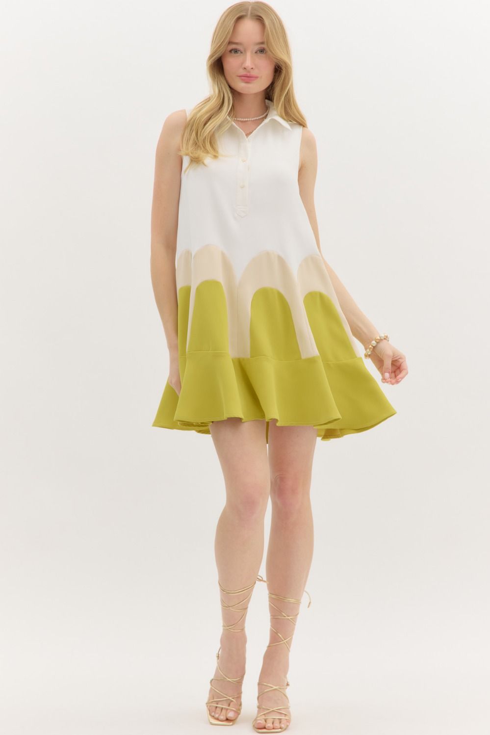 Green Collared Colorblock Arch Dress