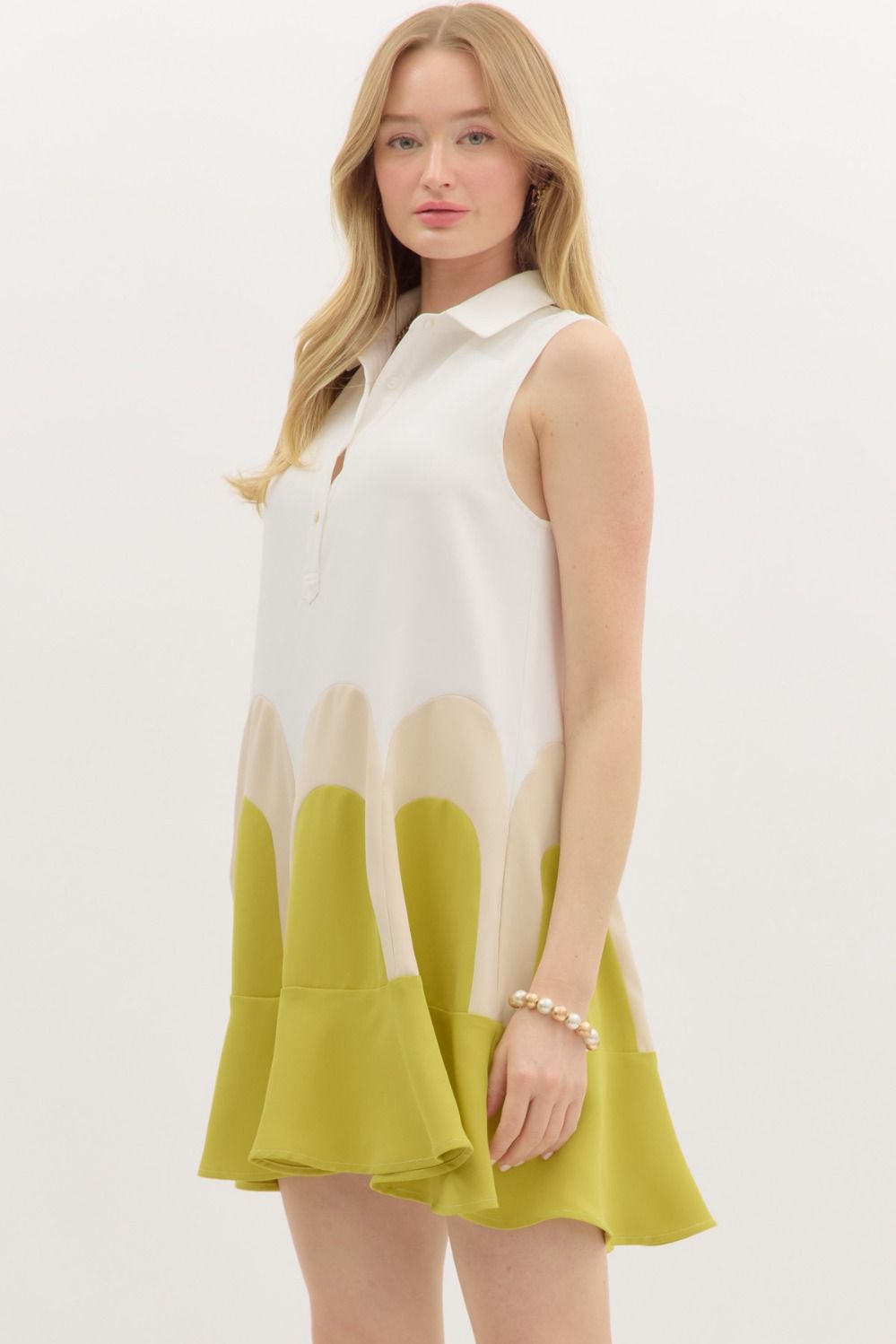 Green Collared Colorblock Arch Dress