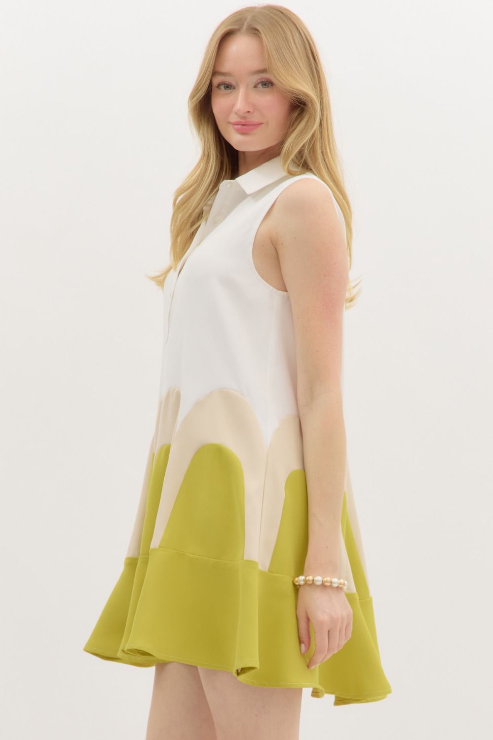 Green Collared Colorblock Arch Dress