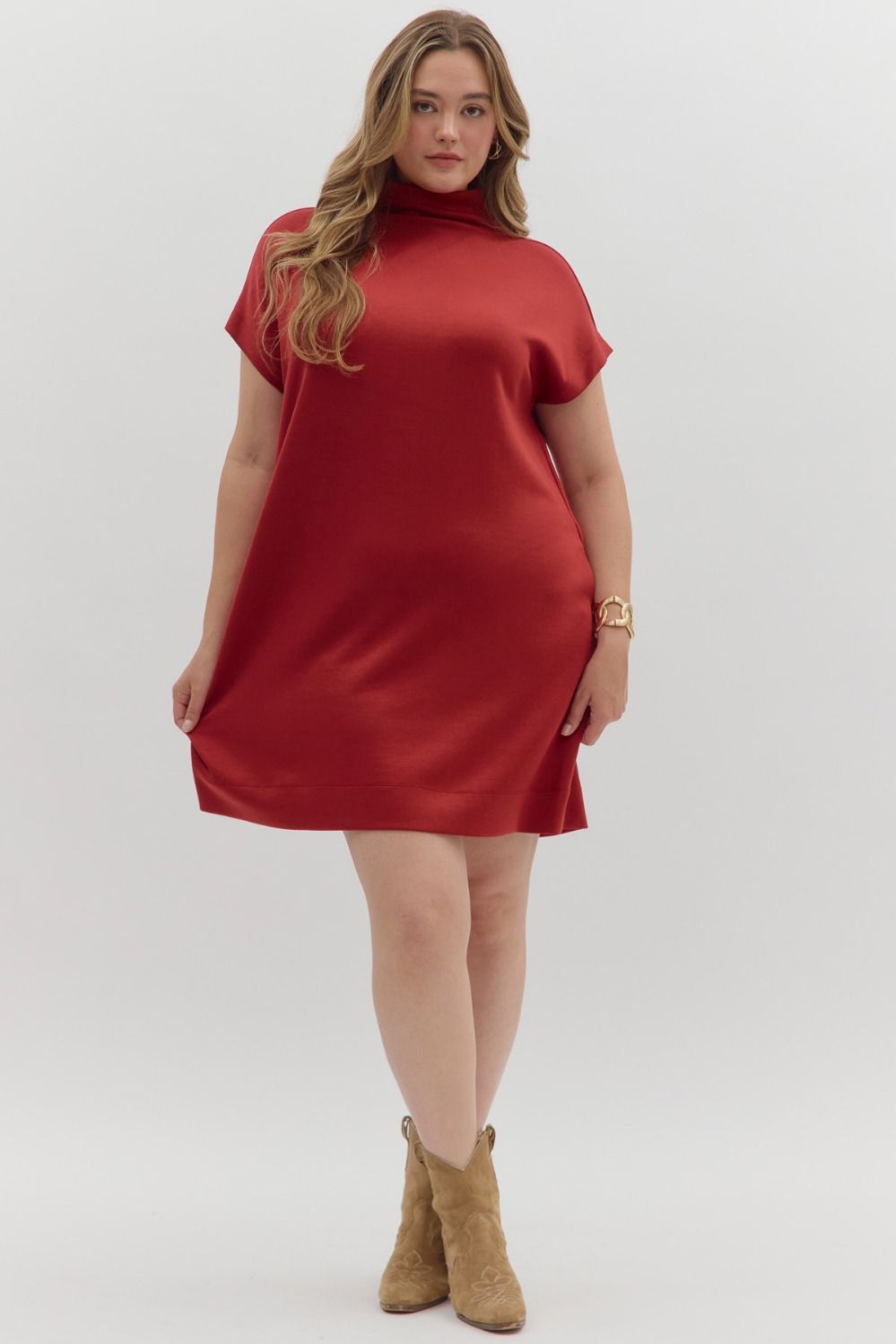 Brick Solid Jersey Mock Neck Pullover Dress